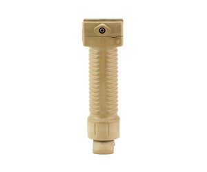 Tan plastic vertical foregrip attachment for a rifle, with a ribbed body and mounting features at the top and bottom.