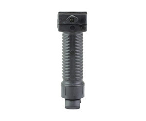 Vertical close-up of a black ribbed plastic connector with a square top and a small bottom extension.