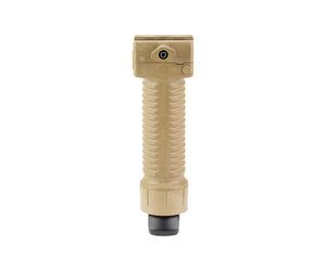 Tan ribbed cylindrical tool or grip with a small round opening at the top and a black cap at the bottom.