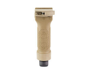 Tan vertical foregrip for a rifle with a textured grip and a small bottom end cap.
