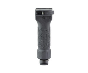 Vertical foregrip accessory for a rifle, gray with textured grip and clamp ends viewed from the side