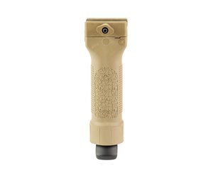 Tan vertical foregrip attachment with a small circular lens at the top and a black cap at the bottom, shown against a white background.