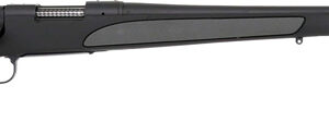 Black bolt-action rifle with a long barrel and synthetic stock