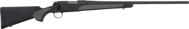 Black bolt-action rifle with a long barrel and synthetic stock