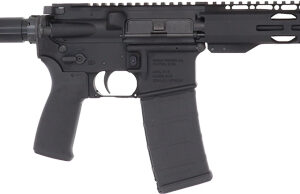 Black AR-style rifle with a long barrel, quad-rail handguard, and detachable magazine facing left.