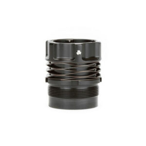 Black cylindrical threaded mechanical fitting with a knurled, adjustable collar and ribbed middle section for grip and adjustment.