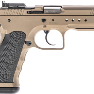 Tan semi-automatic pistol shown in profile with textured grip.