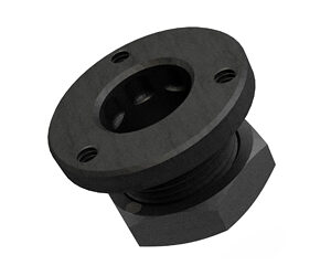 Black circular flange with a central bore and threaded shaft attached to a hexagonal nut base, a small hardware component clip