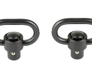Pair of black metal U-shaped lifting rings with threaded bases and small rounded caps.