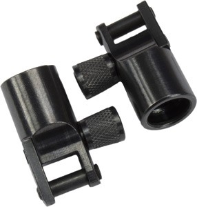 Two black metal clamp pieces with knurled screws, an adjustable connector hardware component.