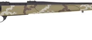 Camouflage-pattern bolt-action rifle with a long black barrel and wooden stock accents