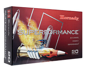 Box of Hornady Superformance ammunition, 20 cartridges, red-and-black packaging with a speeding bullet graphic.