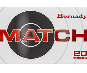 Box of Hornady MATCH ammunition, 20 cartridges, featuring a large black target logo and red 'MATCH' lettering.