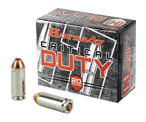 Box of Hornady Critical Duty 20‑round ammunition with two bullets beside it