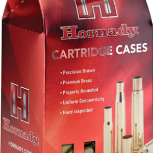 Red Hornady cartridge cases box featuring images of rifle cartridges, the Hornady logo, and the words 'Cartridge Cases' on the front.