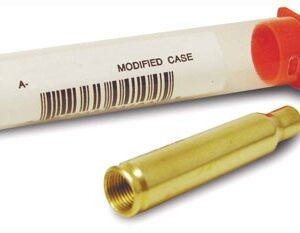 Brass cartridge shell beside a white plastic tube labeled 'MODIFIED CASE' with an orange cap on a white background.