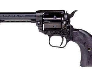 Long-barrel revolver with a dark metal frame and wooden grip on a white background.