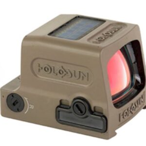 Tan Holosun red-dot sight with solar panel on top, mounted on a firearm rail for aiming accuracy.
