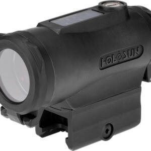 Black Holosun compact red dot sight with a large front lens and integrated mounting base for firearm use; matte black finish.