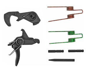 Assorted mechanical parts: two black plier-like jaws on the left, with several springs (red and green) and small pins on the right, plus a thin rod.