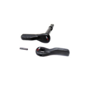 Pair of black bicycle shifter levers with a small metal pin and spacer nearby.
