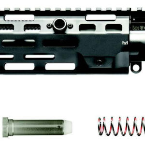Disassembled AR-style rifle parts: upper receiver with Picatinny rail, bolt carrier group, barrel assembly, buffer, and a coil recoil spring.
