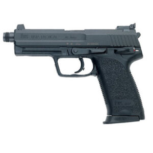 Black semi-automatic pistol with a textured grip and accessory rail, slide labeled "USP TACTICAL".