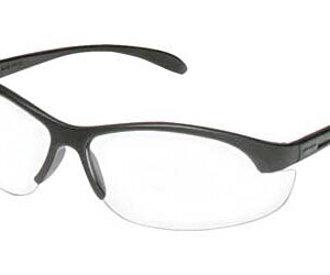 Black-framed safety glasses with clear lenses, viewed from the front.