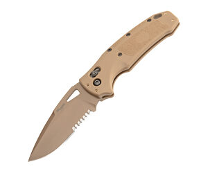 Tan folding knife with a partially serrated blade and textured tan handle
