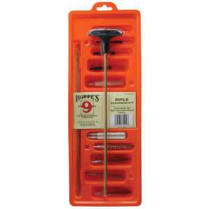 Orange plastic rifle cleaning kit case containing brushes, rods, patches, and jags for firearm maintenance with Hoppe's branding.
