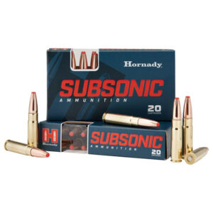 Box of Hornady Subsonic Ammunition (20 cartridges) with additional boxes and loose bullets around it on a white background