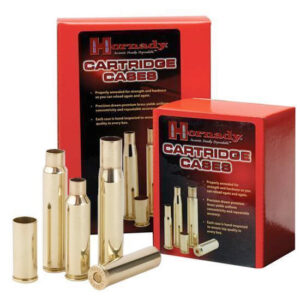 Brass rifle cartridge casings arranged in front of red Hornady Cartridge Cases boxes on a white background