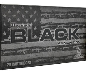 Hornady BLACK ammunition box with 20 cartridges; dark American-flag design and a single brass bullet beside it.