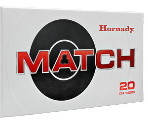 Box of Hornady MATCH ammunition (20 cartridges) with a rifle bullet image beside it on a white background.
