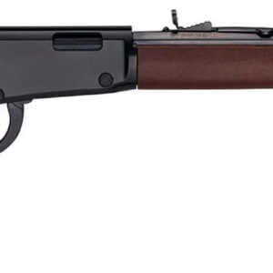 Lever-action rifle with a wooden stock and long barrel, shown on a white background
