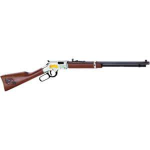 Lever-action rifle with wooden stock and long metal barrel on a white background