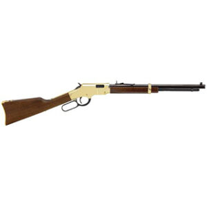 Lever-action rifle with wooden stock and brass receiver, pointed to the right.