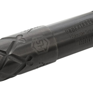 Dark metal shotgun suppressor for a 12-gauge Remington, shown at an angle with threaded rear end.