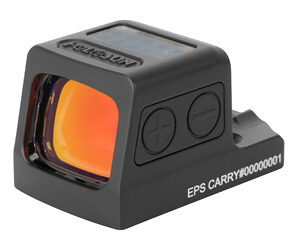 Compact red dot/reflex sight with orange-tinted lens mounted on a rail, labeled EPS CARRY #0000001.