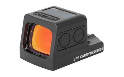 Compact red dot/reflex sight with orange-tinted lens mounted on a rail, labeled EPS CARRY #0000001.