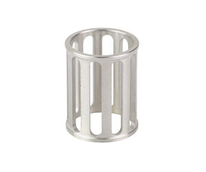 Metal cylindrical cage with evenly spaced vertical bars.