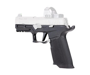 Side view of a semi-automatic pistol with a white slide and black grip.