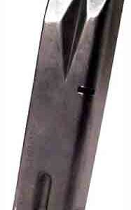 Metal handgun magazine for a semi-automatic pistol, shown standing upright with feed lips at the top and a flat baseplate.