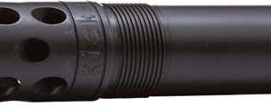 Muzzle brake with multiple round holes attached to a dark rifle barrel end, designed to redirect gases.