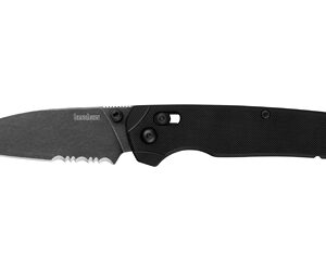 Black folding knife with a gray blade extended from a black handle, featuring a partially serrated edge.