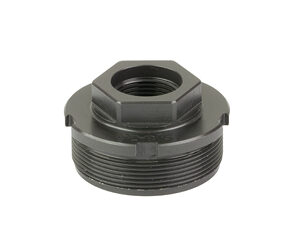 Gray threaded pipe adapter with external bottom threads, internal top threads, and a hex nut in the middle