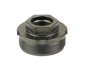Gray plastic threaded adapter/nut with hex top and large external threads surrounding a hollow center (internal threads).