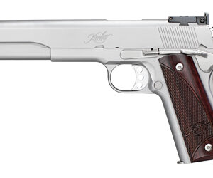 Side view of a silver semi-automatic pistol with a brown checkered grip.
