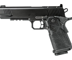 Side view of a black semi-automatic pistol with a textured grip and trigger guard.