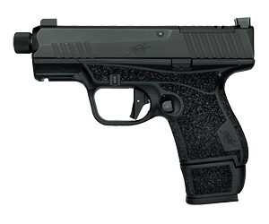 Side view of a black semi-automatic pistol with a textured grip.